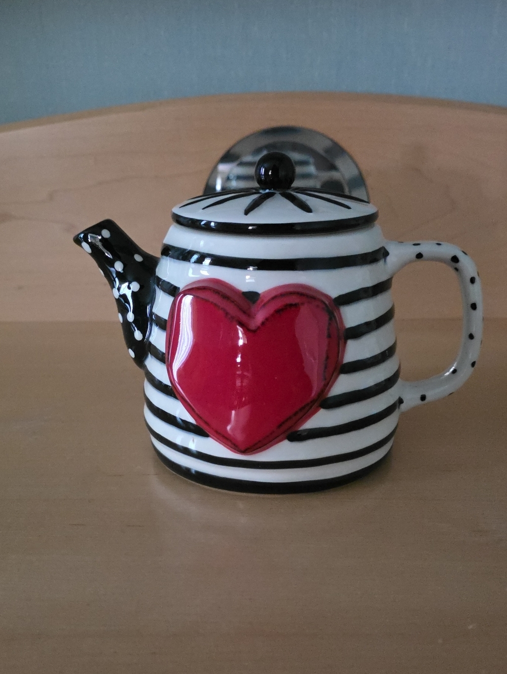 Ceramic Black & White Striped Teapot with Red Heart Accent